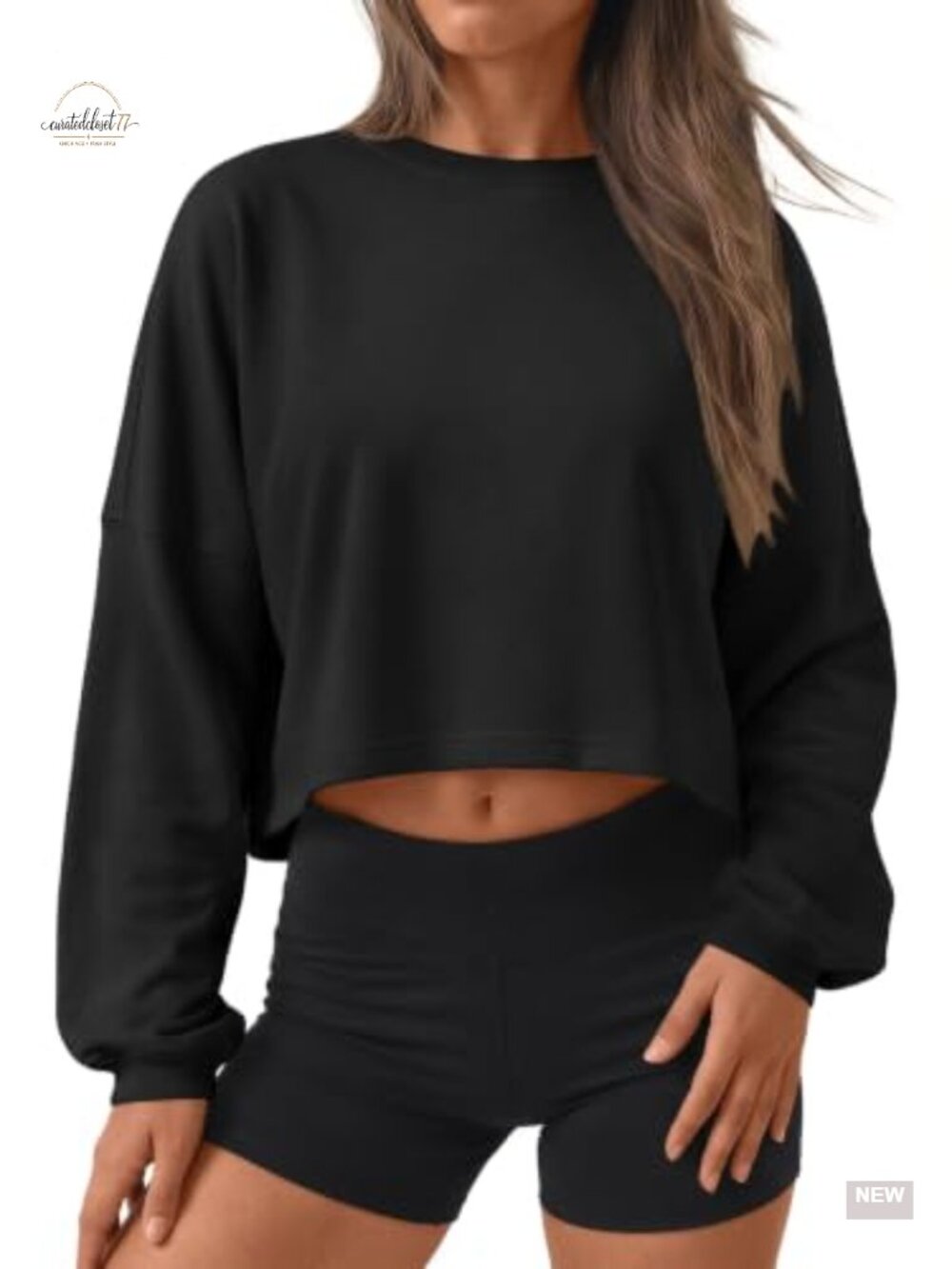 Cropped Crewneck Sweatshirt Cotton Spandex Long Sleeve Loose Fit